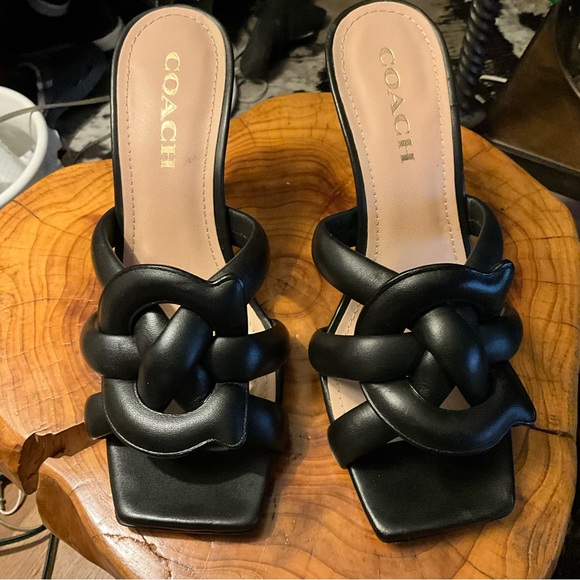 Coach Kellie black stiletto slip on square toe sandals with woven C 8.5 $190 - Picture 2 of 12